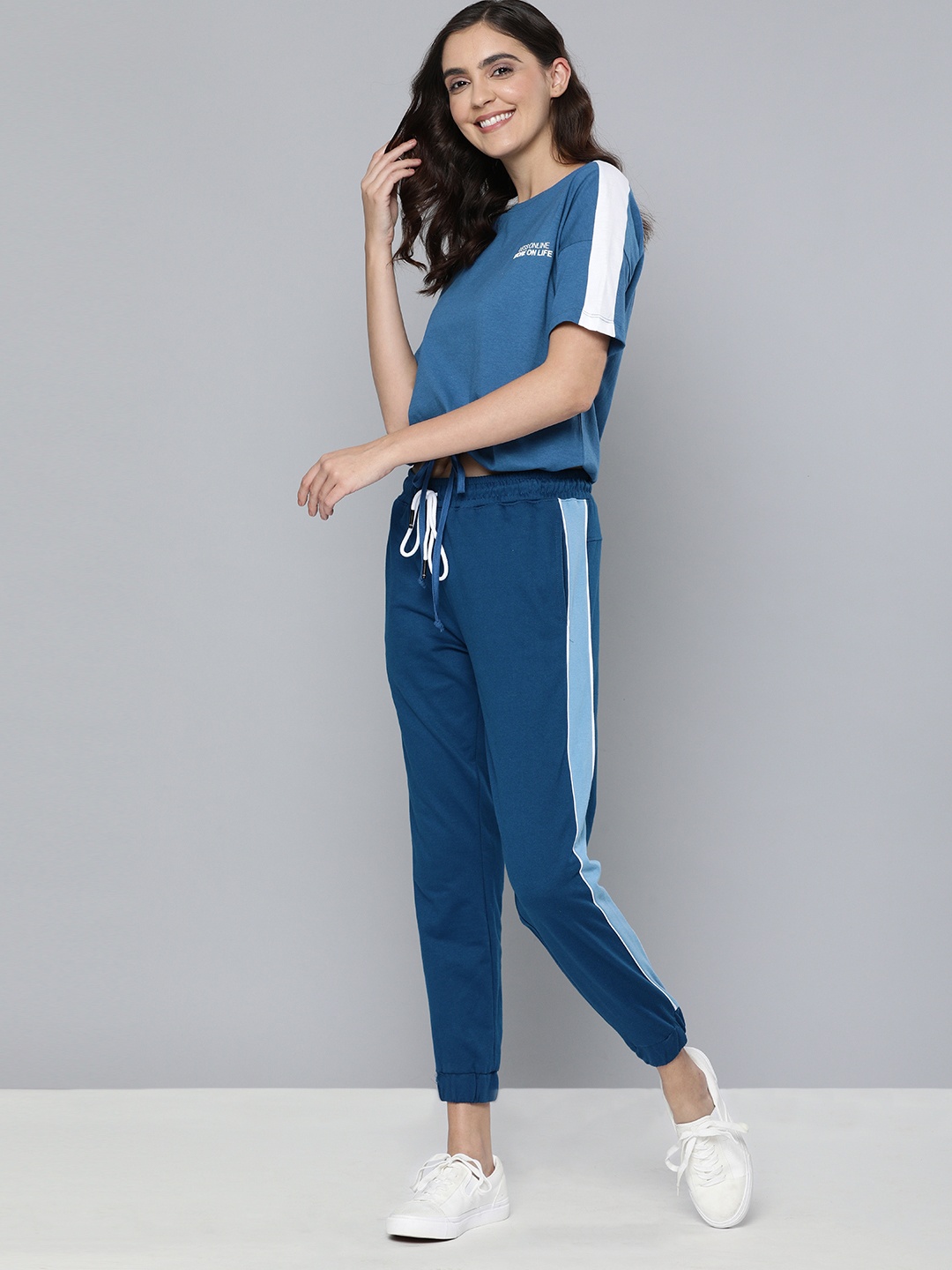 

M&H Easy Women Blue & White Solid Round Neck T-shirt with Waist Tie-Ups