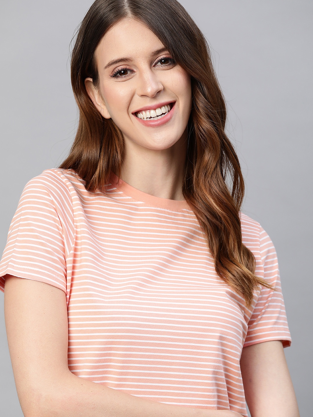 

M&H Easy Women Peach-Colored & White Striped T-Shirt