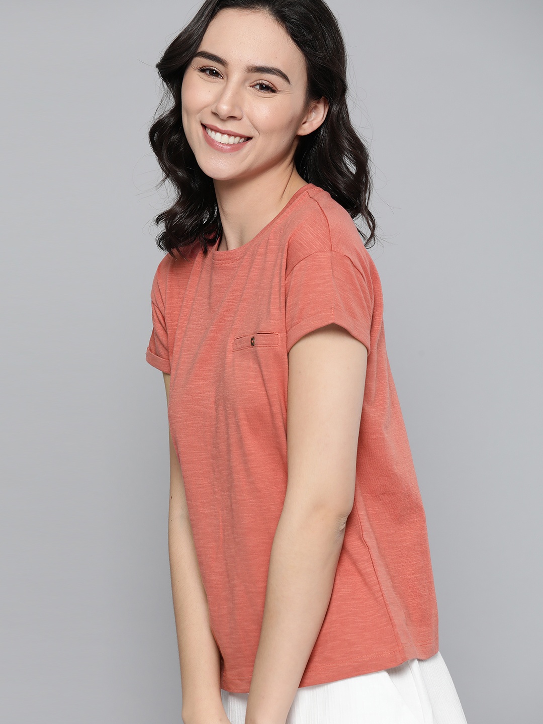 

M&H Easy Women Rust Red Solid Pure Cotton Relax Fit Round Neck T-shirt