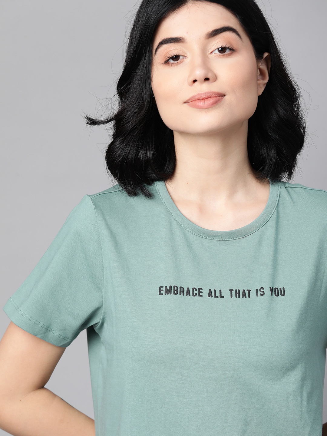 

M&H Easy Women Blue & Black Typography Printed Cropped T-shirt
