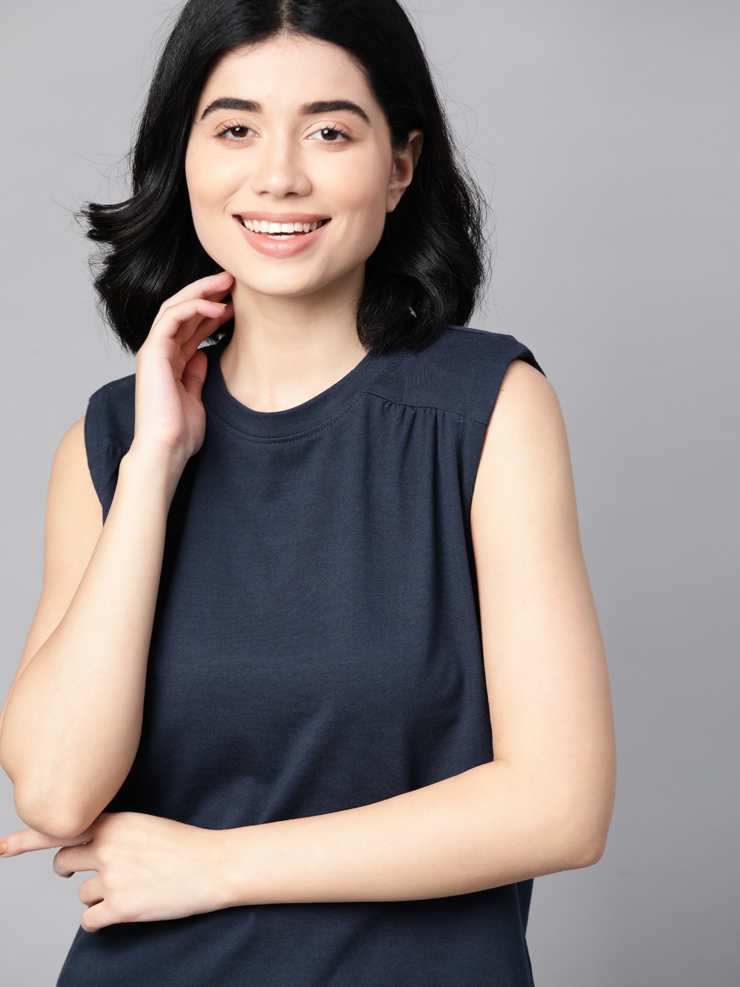 

M&H Easy Women Navy Blue Solid Shoulder Tabs Gathered Regular Top