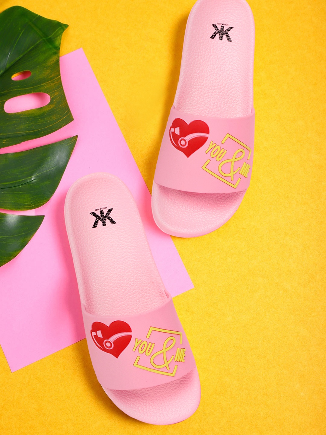 

Kook N Keech Women Pink & Yellow Typography Embossed Sliders