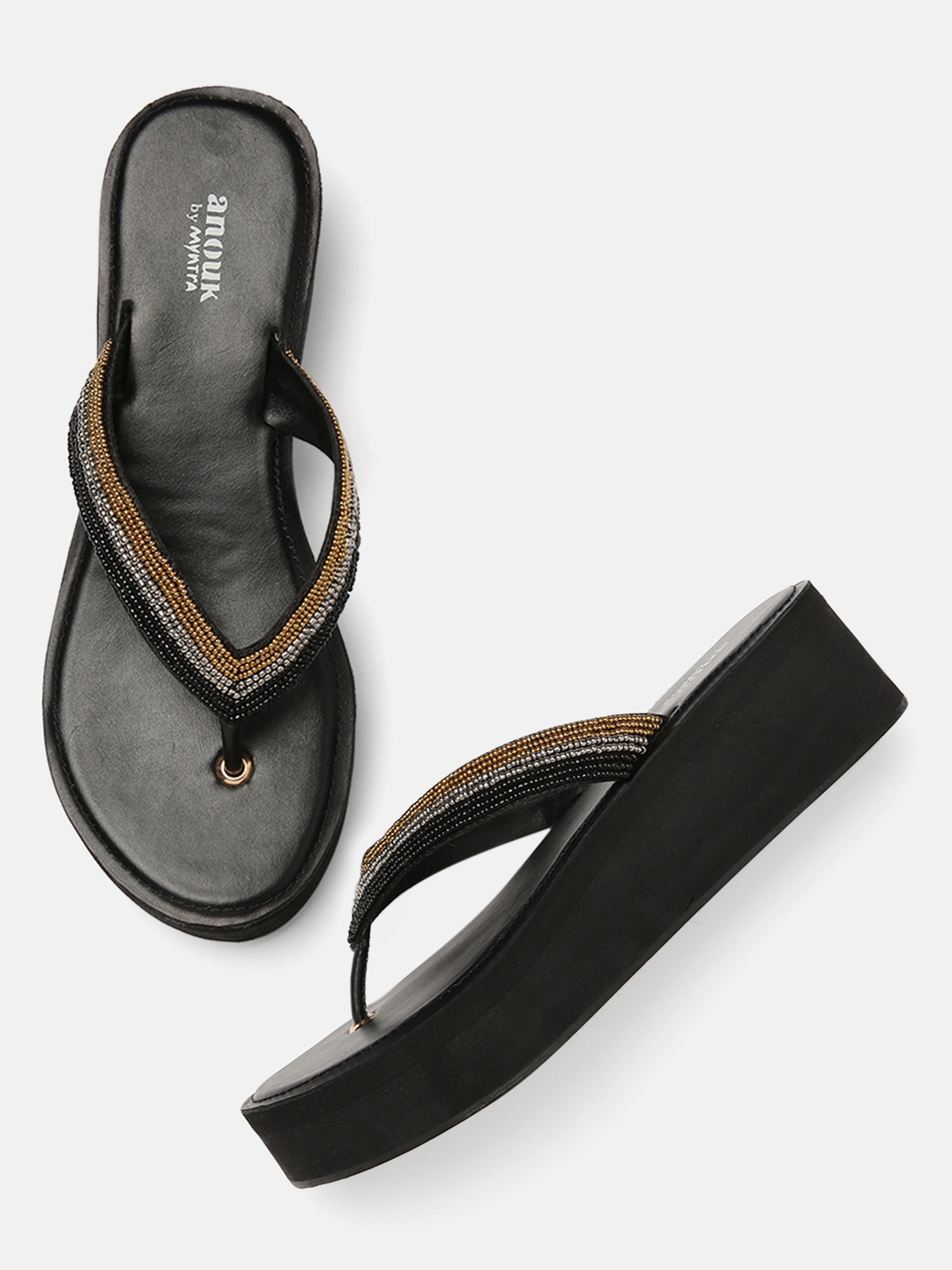 

Anouk Black & Gold-Toned Solid Embellished Wedges