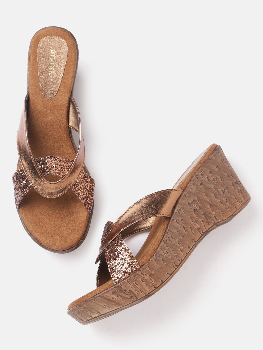 

Anouk Women Bronze-Toned Glossy Finish Wedges with Glitter Detail