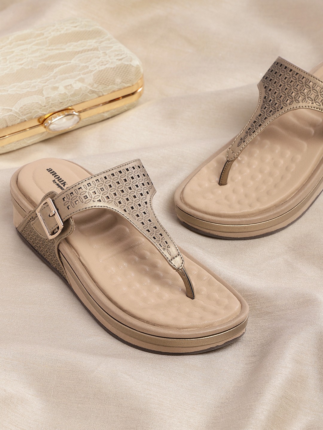 

Anouk Gold-Toned Laser Cut Comfort Wedge Heels