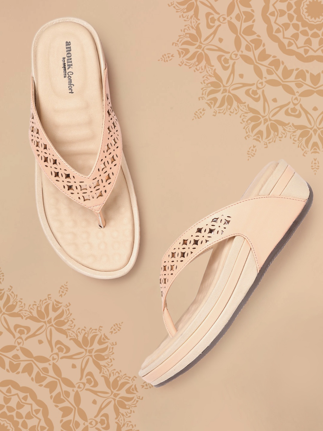 

Anouk Peach-Coloured & Gold-Toned Laser Cut Comfort Heels