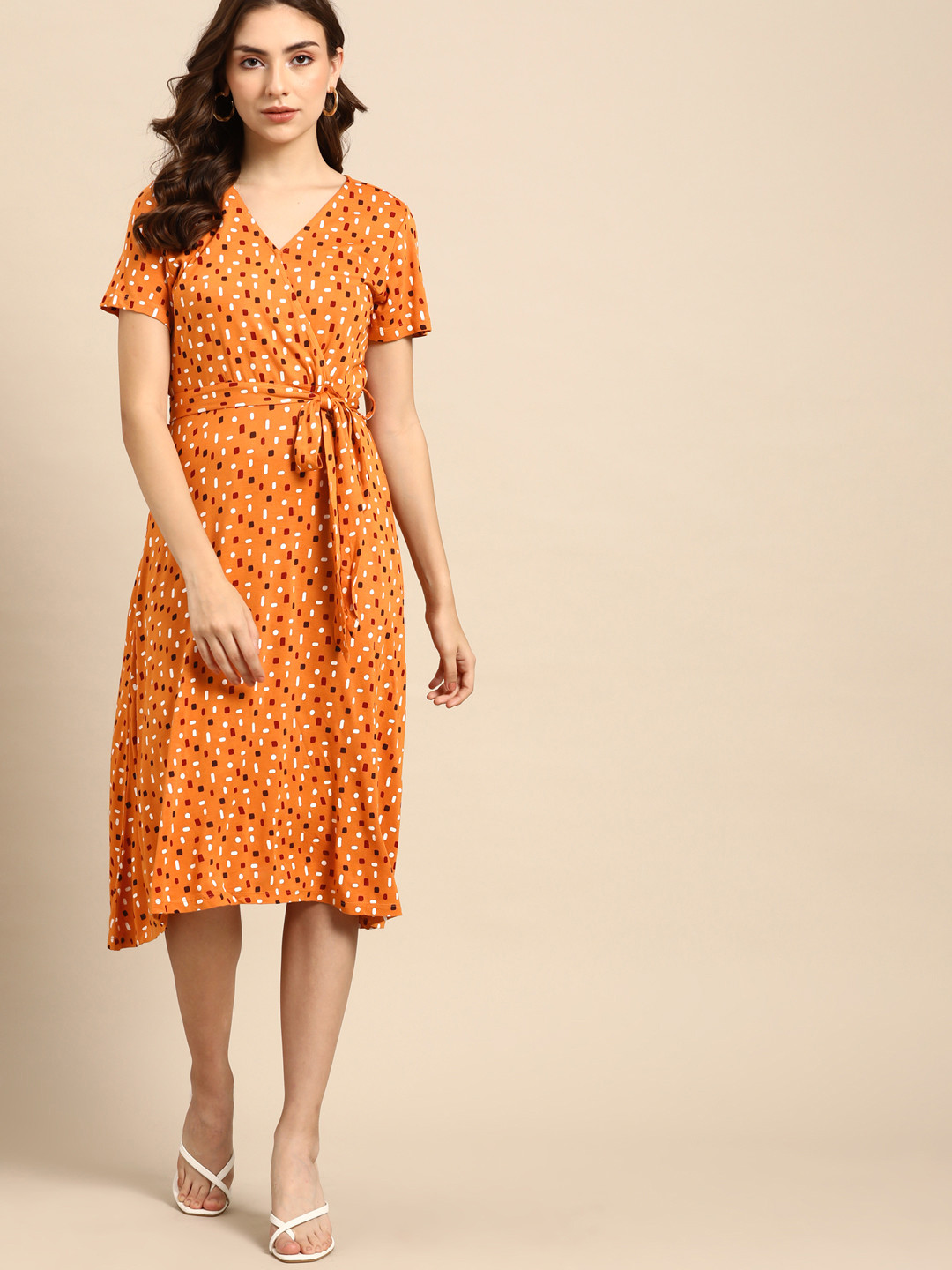 

all about you Women Orange & White Midi Dress with Belt