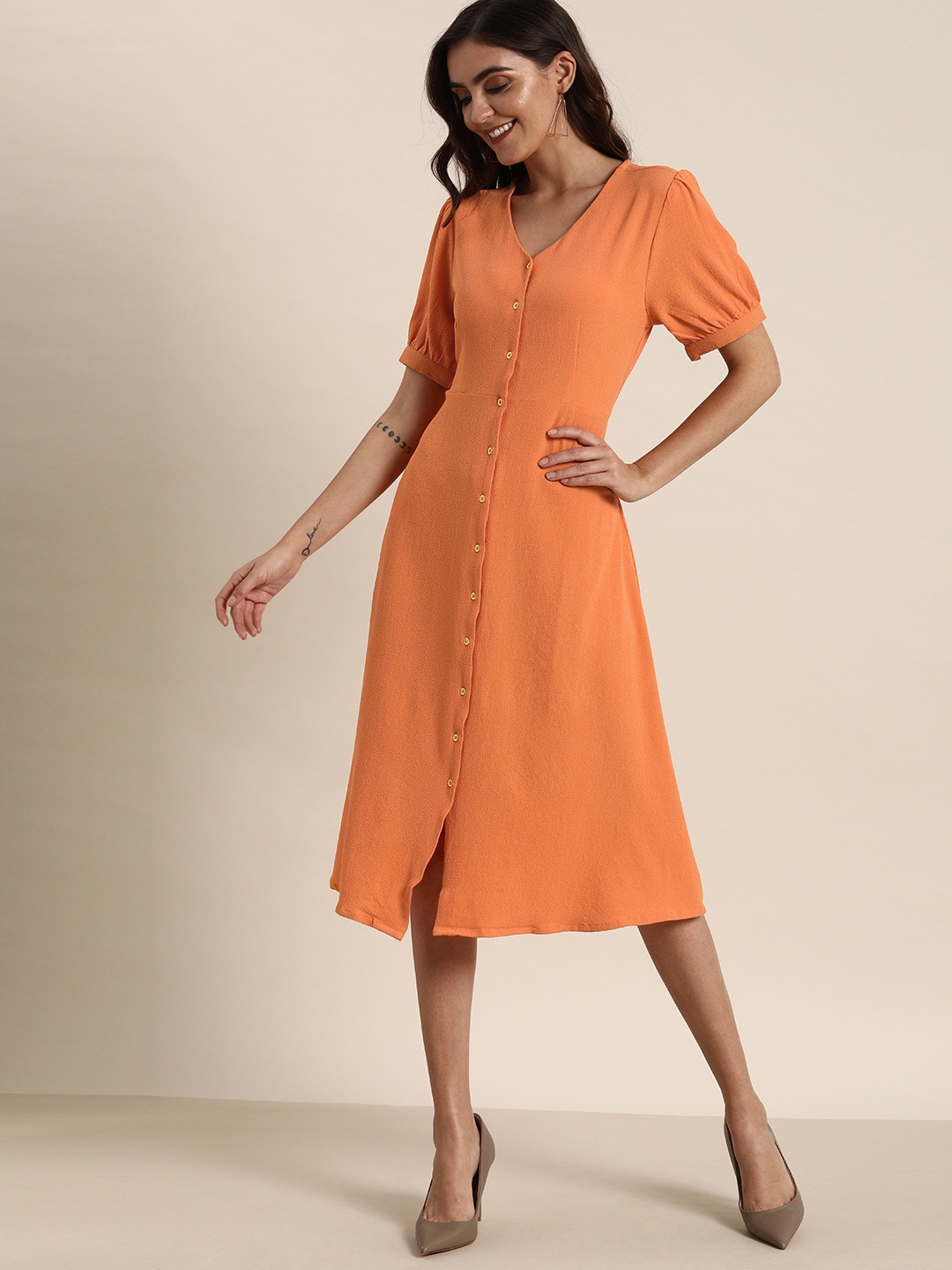 

all about you Women Coral Solid Fit & Flare Dress