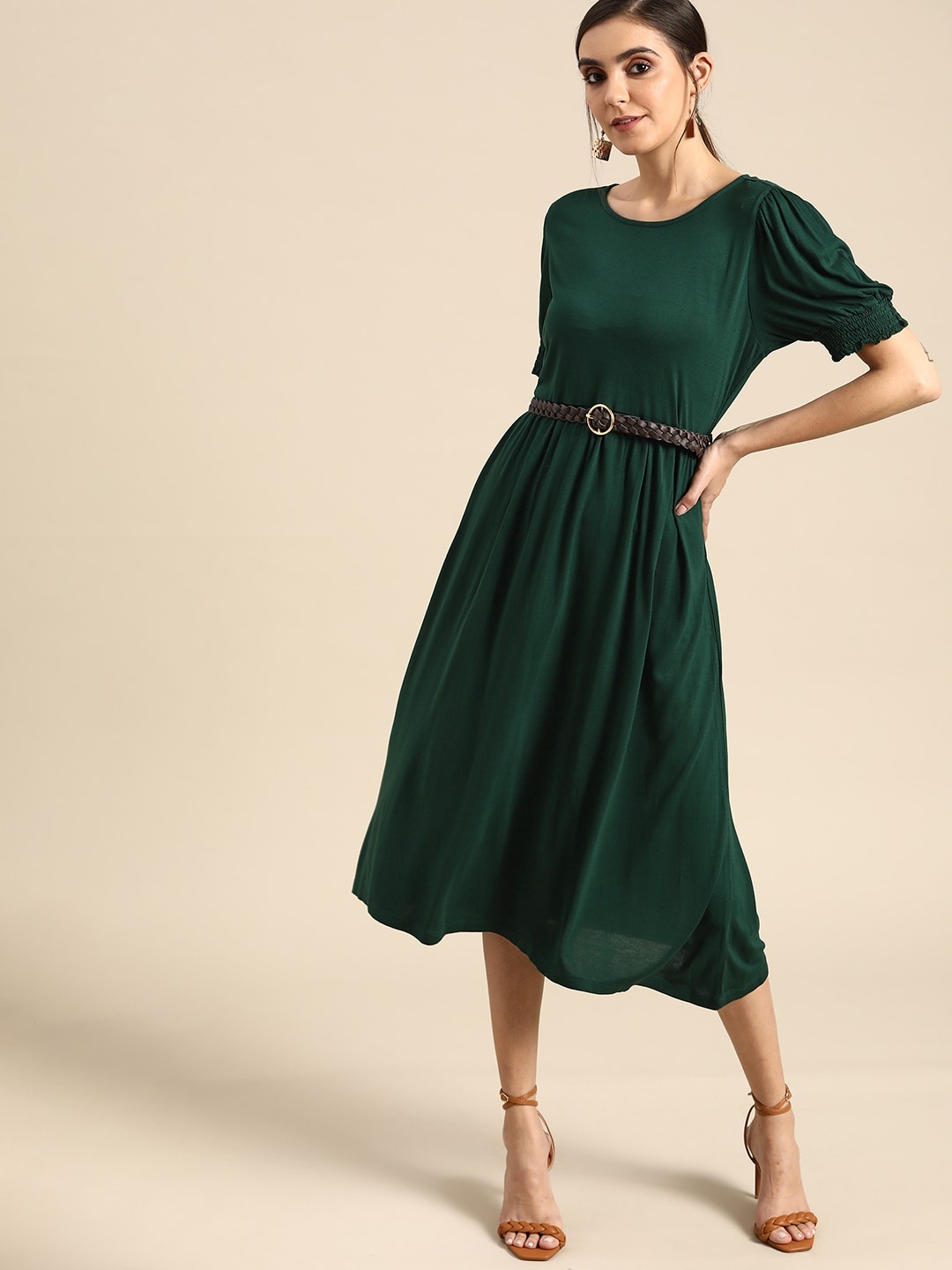 

all about you Women Green Solid A-Line Midi Dress