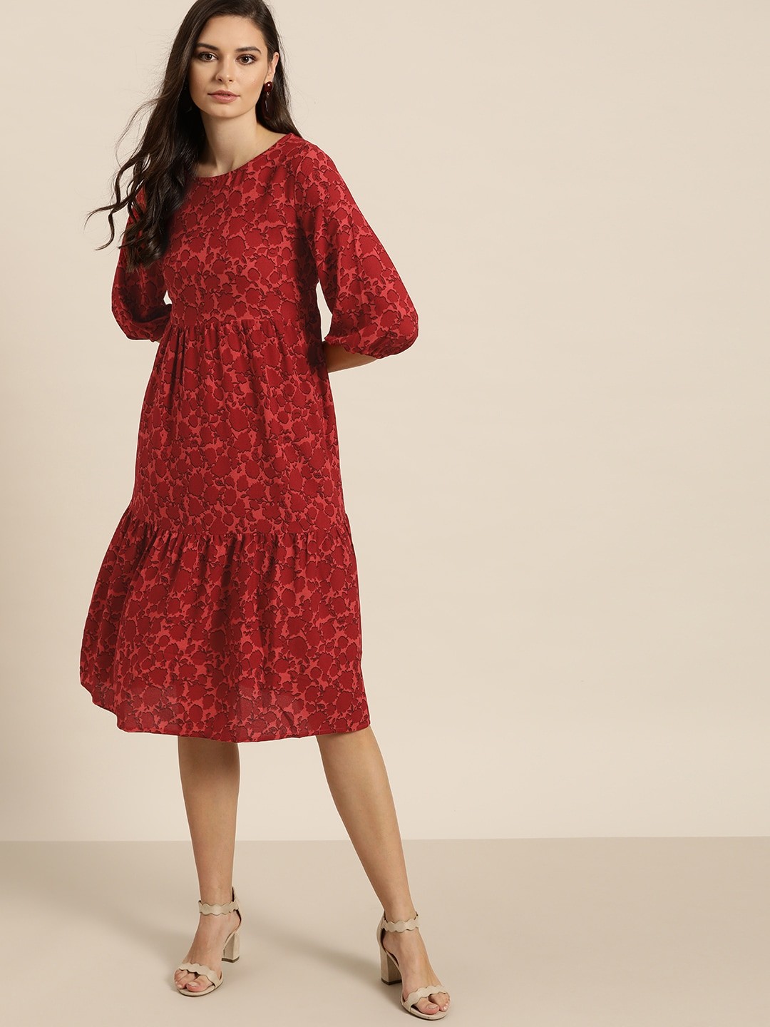 

all about you Women Red & Black Printed A-Line Tiered Dress