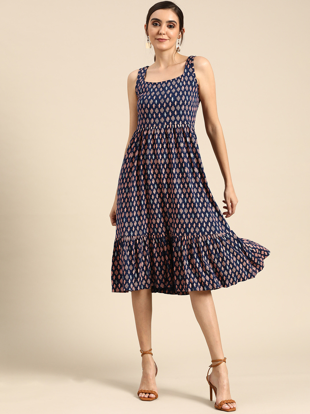 

all about you Navy Blue & Peach-Coloured Printed A-Line Midi Dress