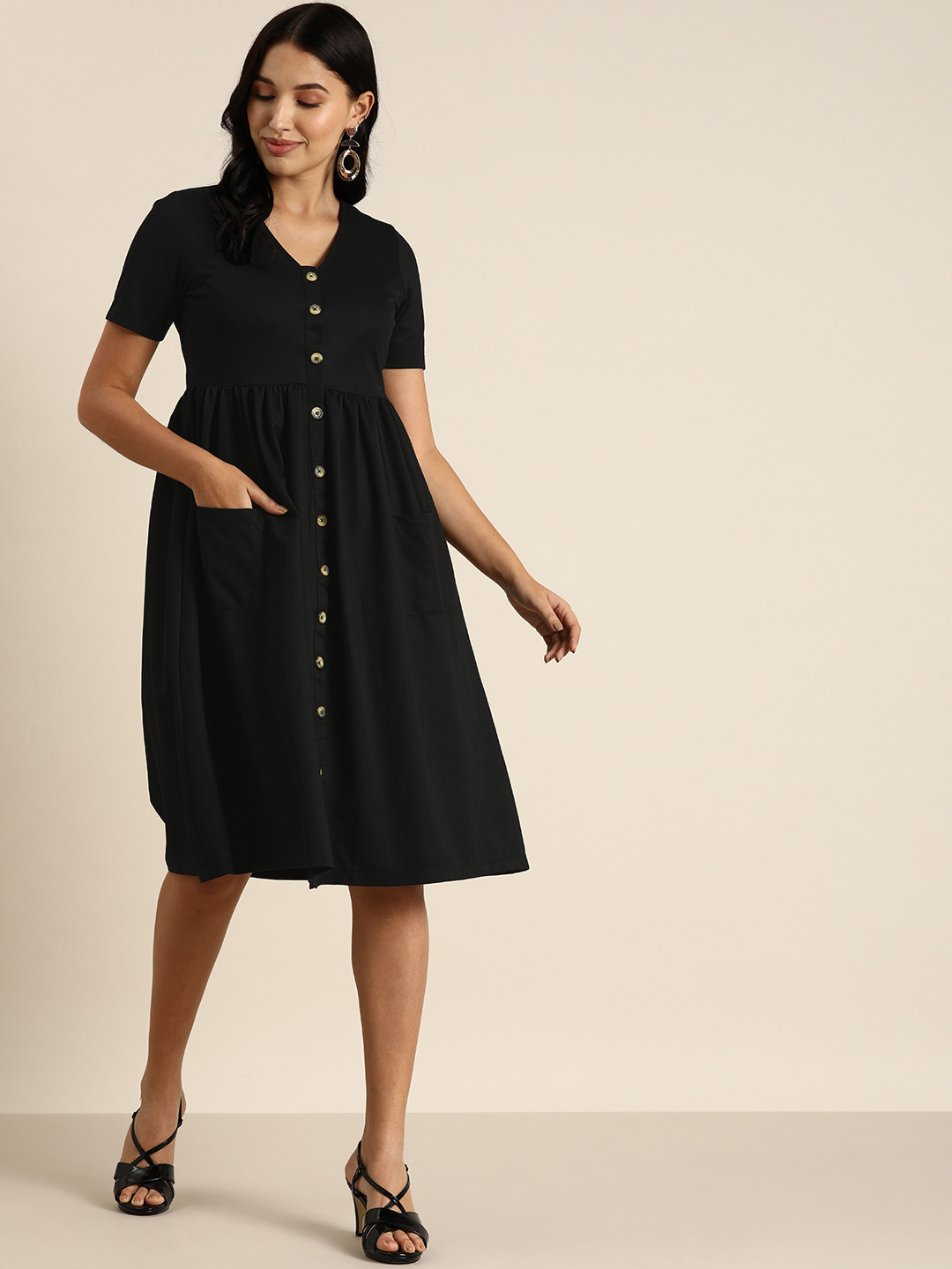 

all about you Black Solid Fit and Flare Dress