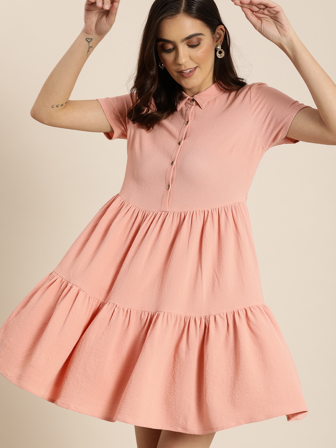 

all about you Coral Solid Tiered Dress