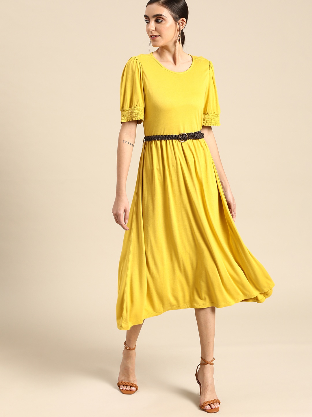 

all about you Women Yellow Solid A-Line Midi Dress