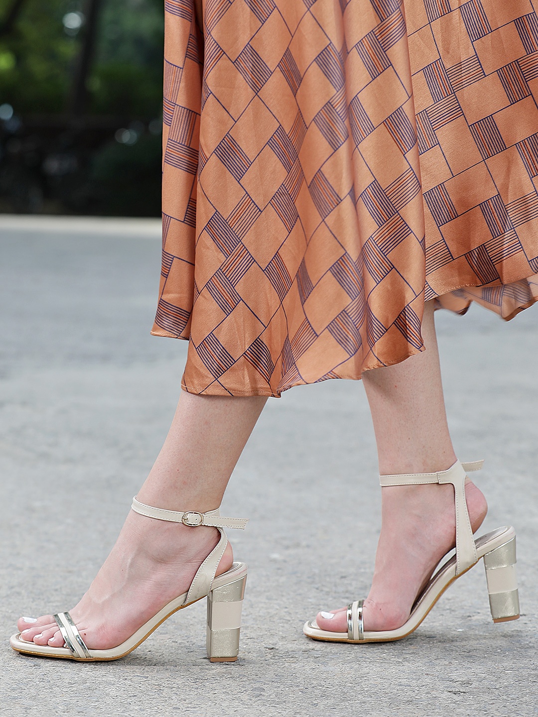 

CORSICA Women Beige & Gold-Toned Striped Block Heels