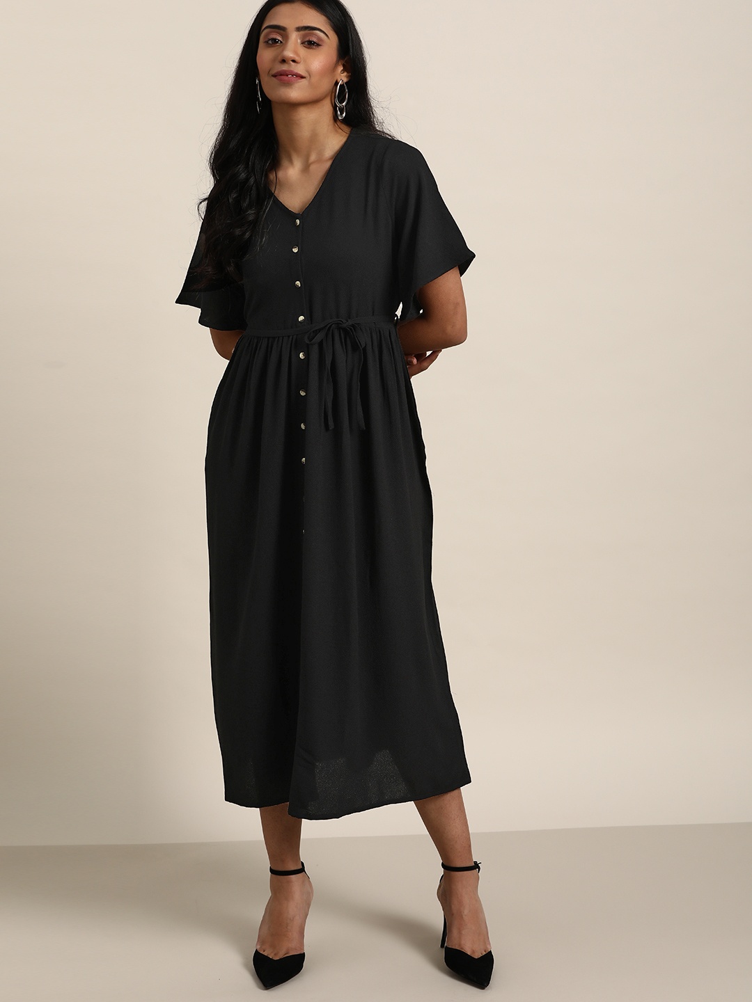 

all about you Women Black Solid Fit & Flare Dress with Belt