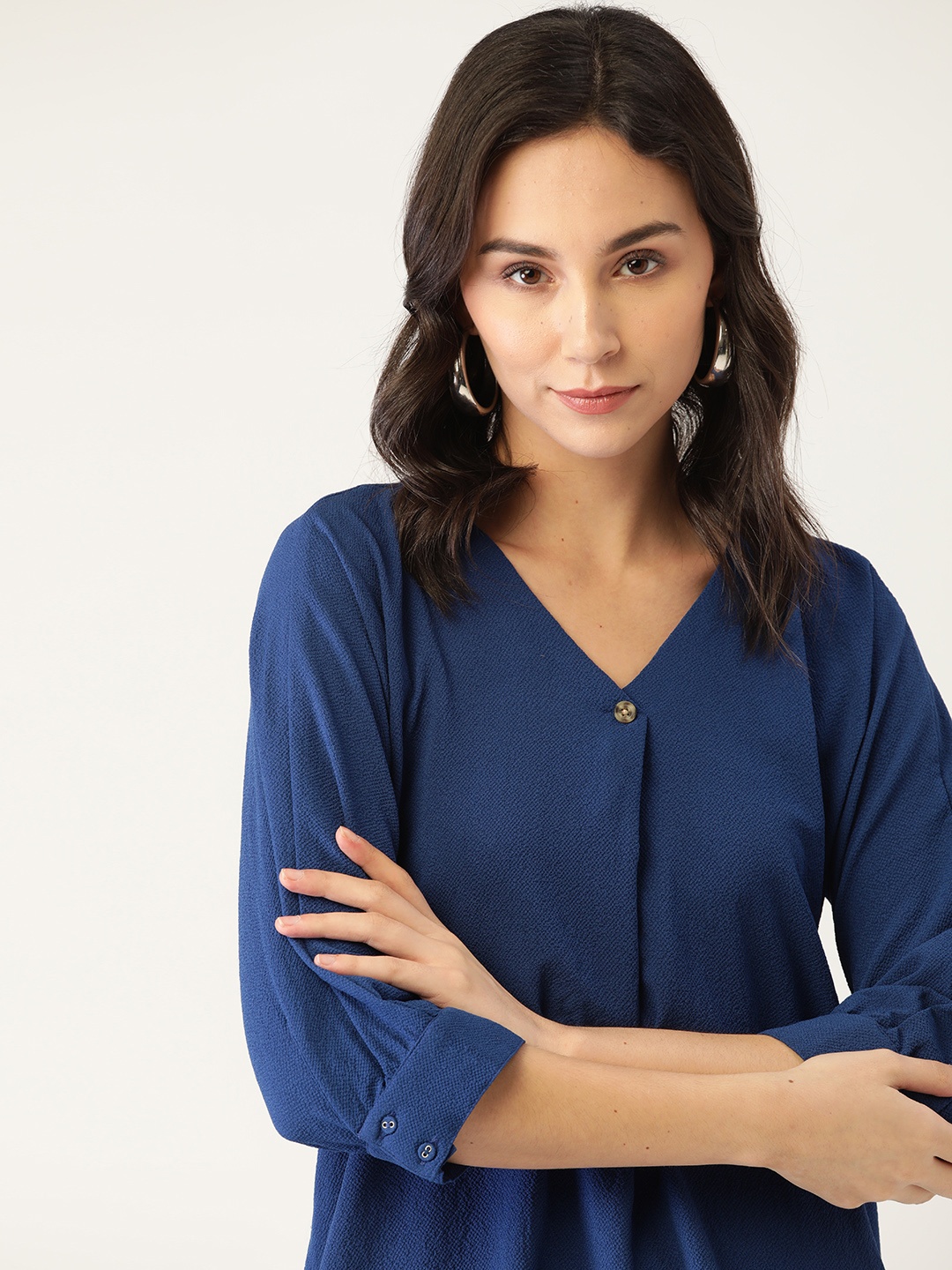 

all about you Navy Blue Solid Extended Sleeves Regular Top