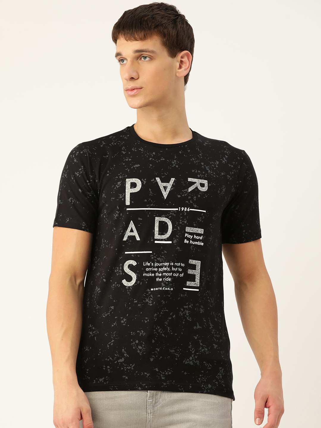 

Monte Carlo Men Black & White Printed Round Neck T-shirt