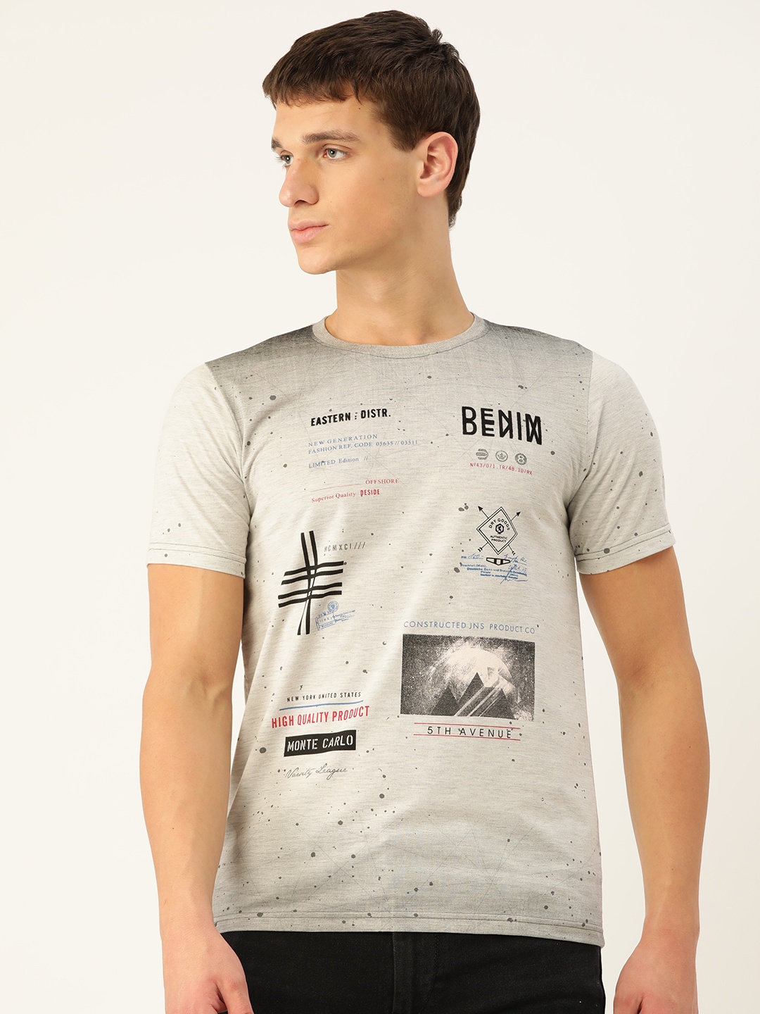 

Monte Carlo Men Grey Melange & Black Printed Round Neck T-shirt