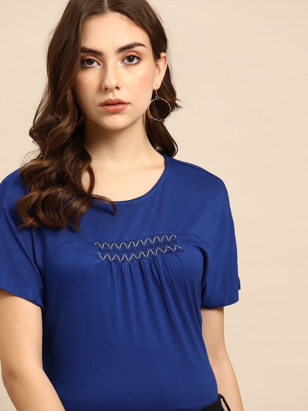 

all about you Women Blue Solid Smocked Detail Top