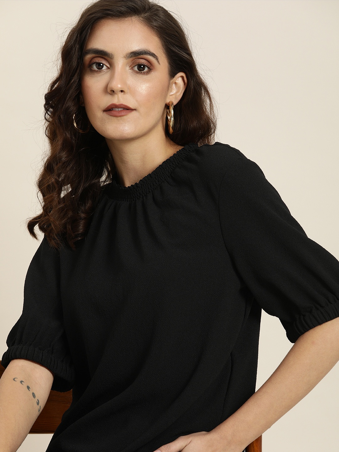 

All about you Women Black Solid Regular Knitted Top with Gathers