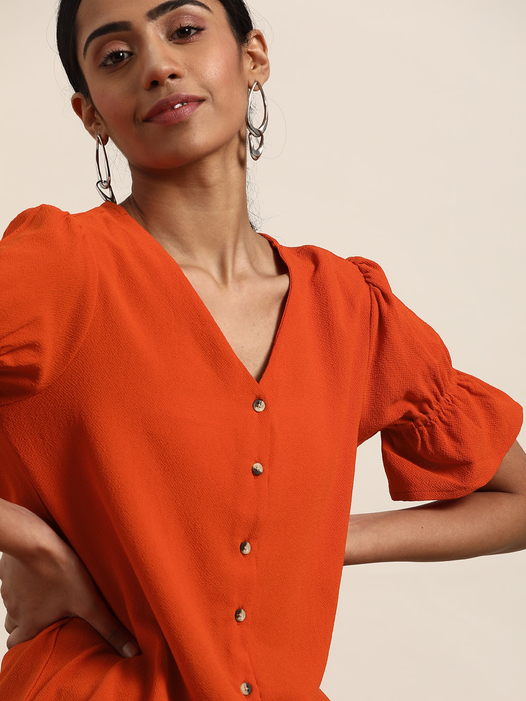 

all about you Women Rust Orange V-Neck Bell Sleeves Top