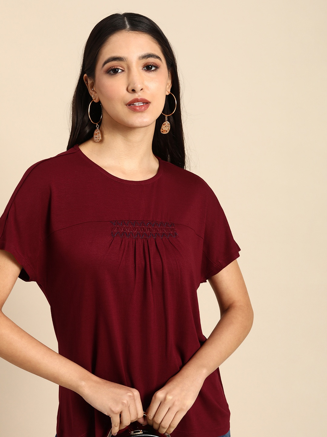 

all about you Women Maroon Embroidered Round-Neck Pleated A-Line Top