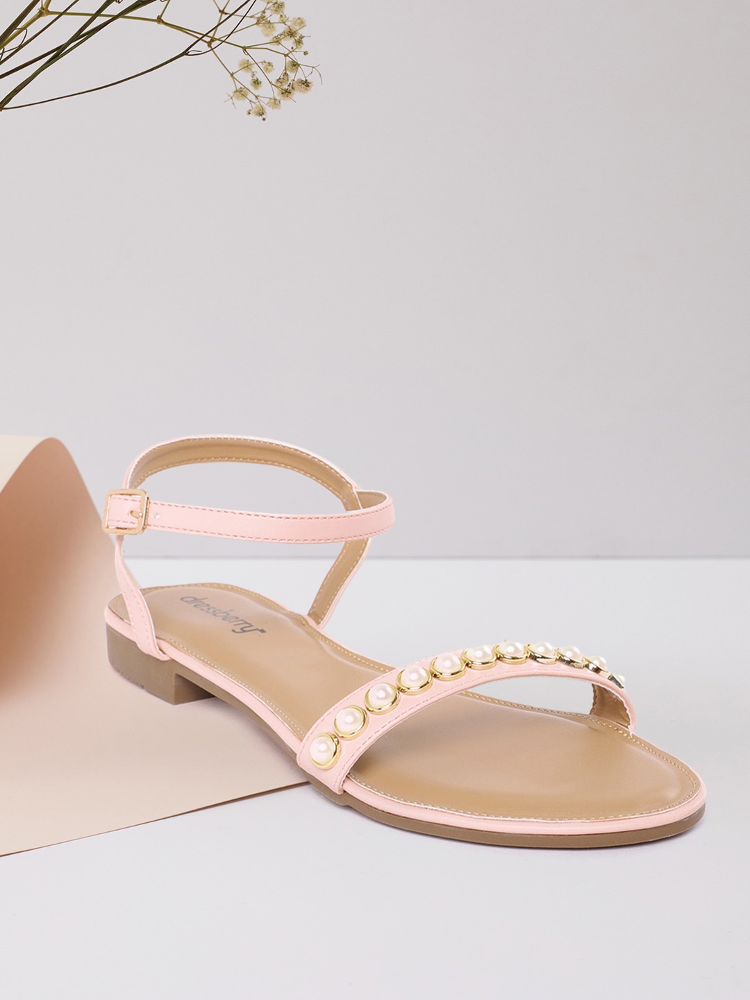 

DressBerry Women Pink & White Embellished Open Toe Flats