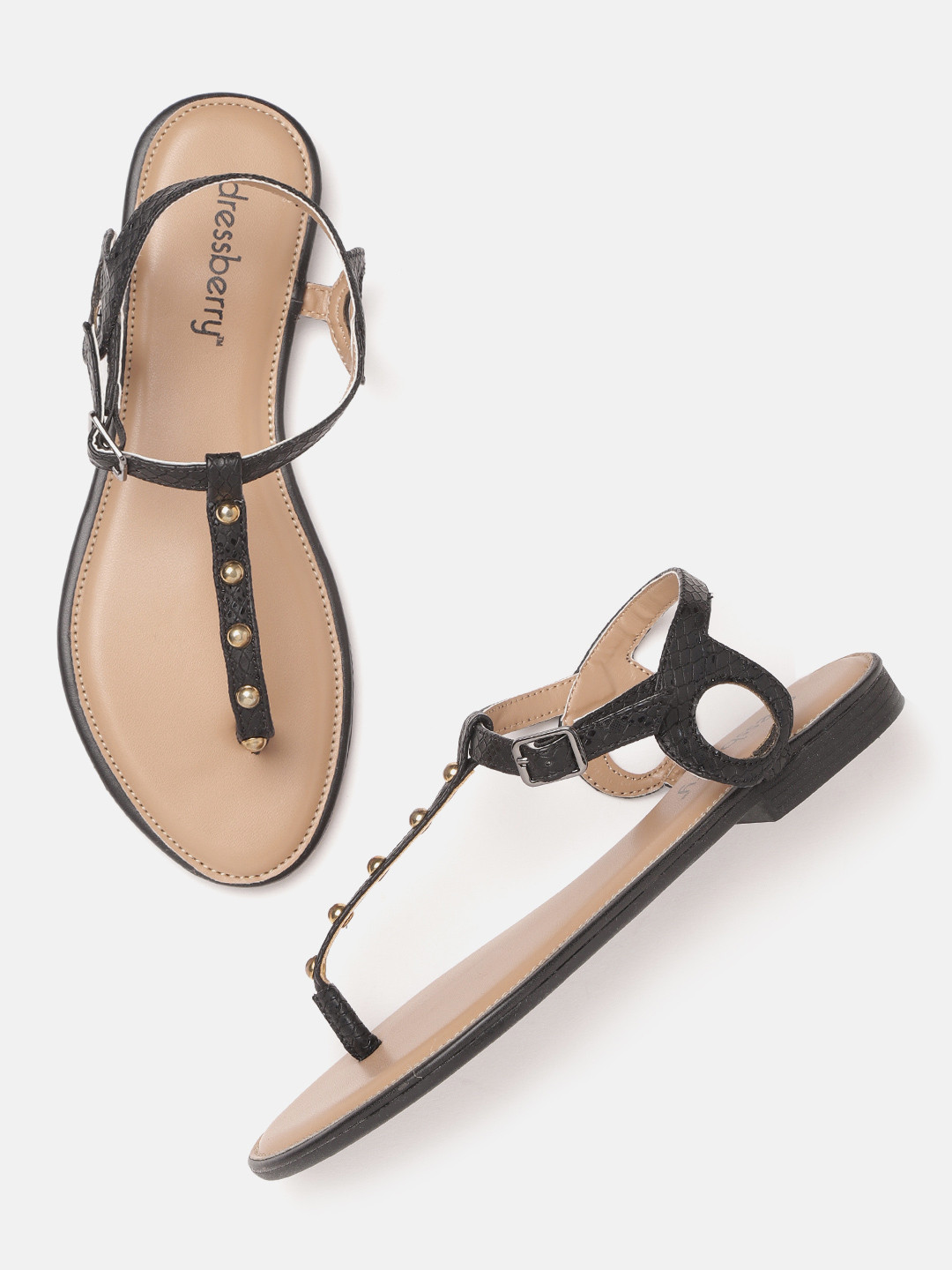 

DressBerry Women Black Snakeskin Textured T-Strap Flats with Studded Detail