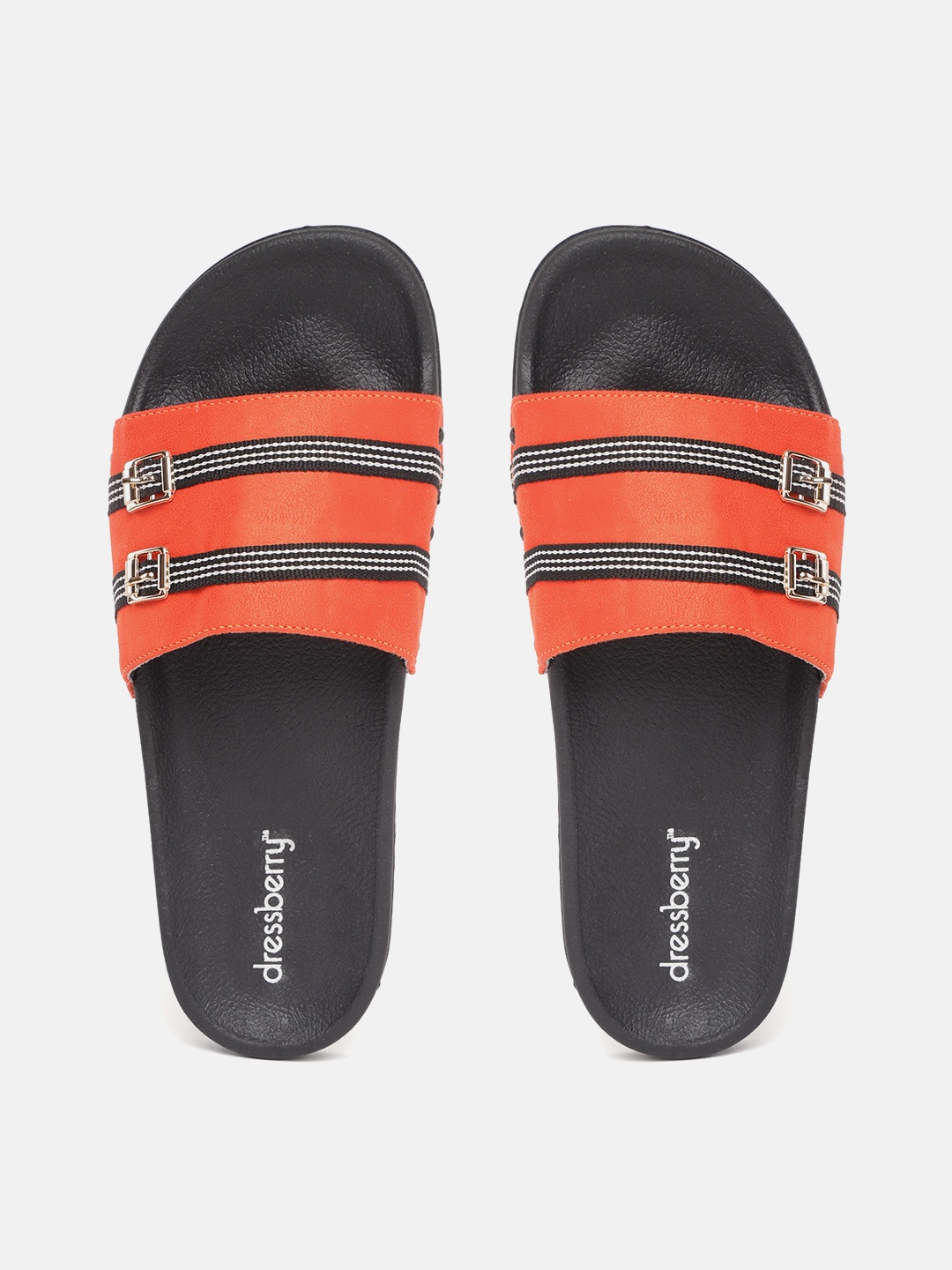 

DressBerry Women Coral Orange & White Striped Flip Flops with Buckle Detail