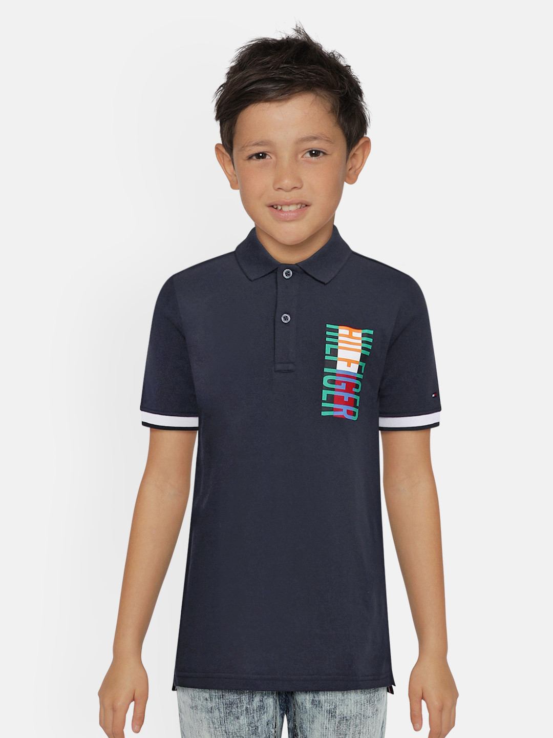 

Tommy Hilfiger Boys Navy Blue Printed Pure Cotton Polo Collar Pure Cotton T-shirt