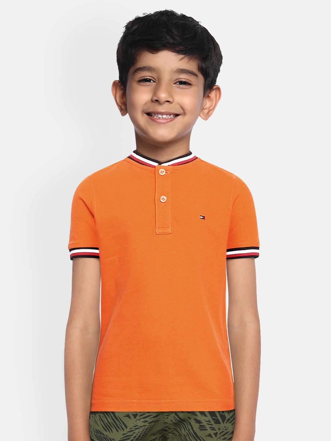 

Tommy Hilfiger Boys Orange Solid Mandarin Collar Organic Cotton T-shirt