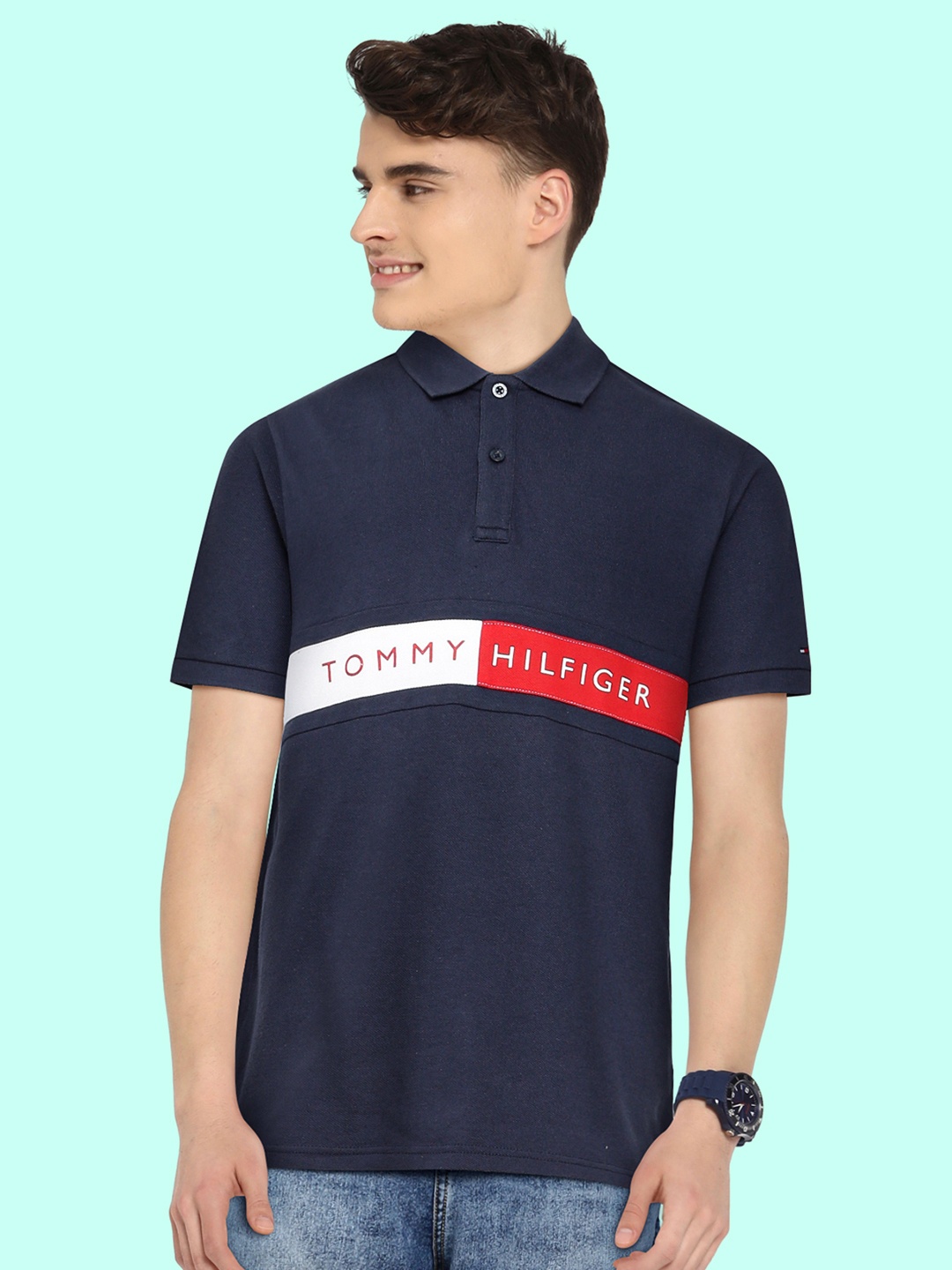 

Tommy Hilfiger Boys Navy Blue Printed Pure Cotton Polo Collar Pure Cotton T-shirt