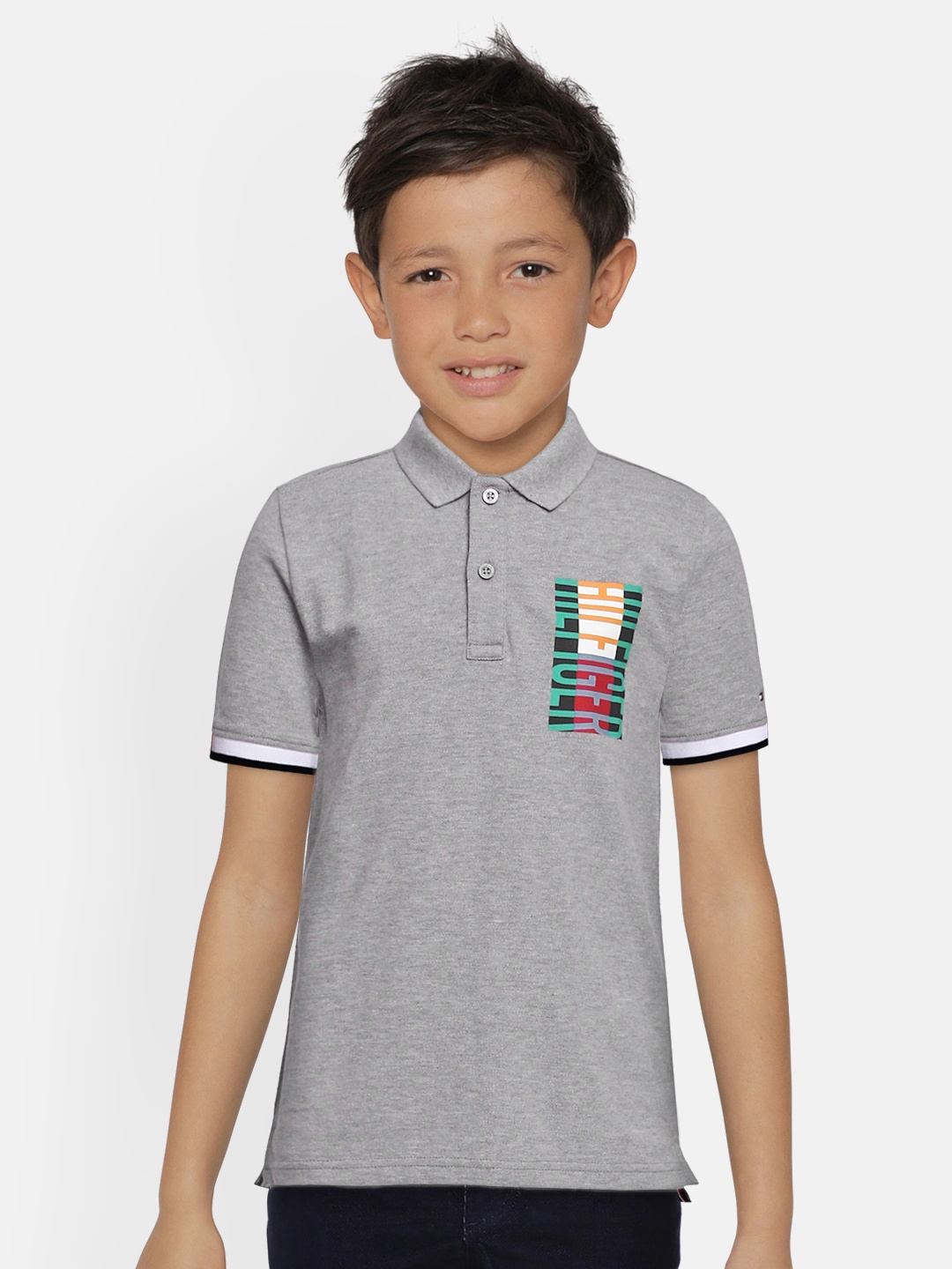 

Tommy Hilfiger Boys Grey Pure Cotton Printed Pure Cotton Polo Collar Pure Cotton T-shirt