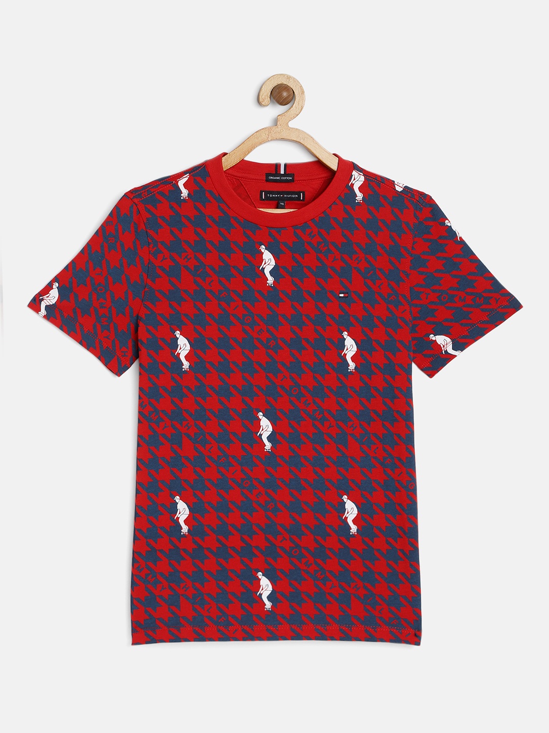 

Tommy Hilfiger Boys Red & Blue Houndstooth Checked Organic Cotton Round Neck T-shirt