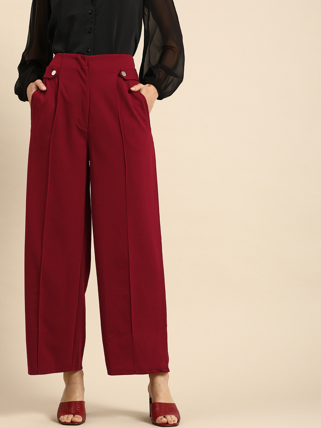 

all about you Women Maroon Solid High-Rise Pleated Parallel Trousers