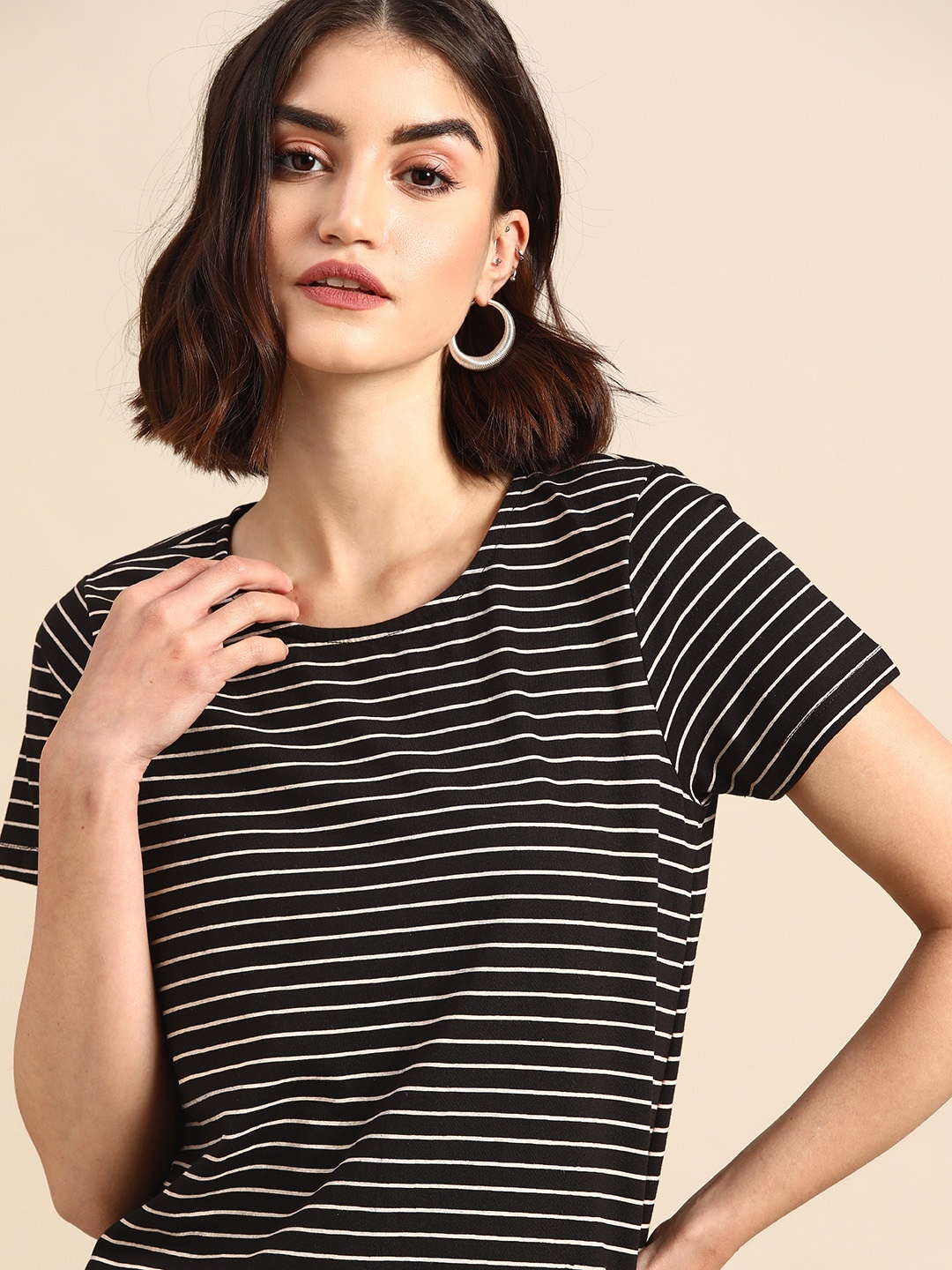 

all about you Women Black & White Striped T-shirt