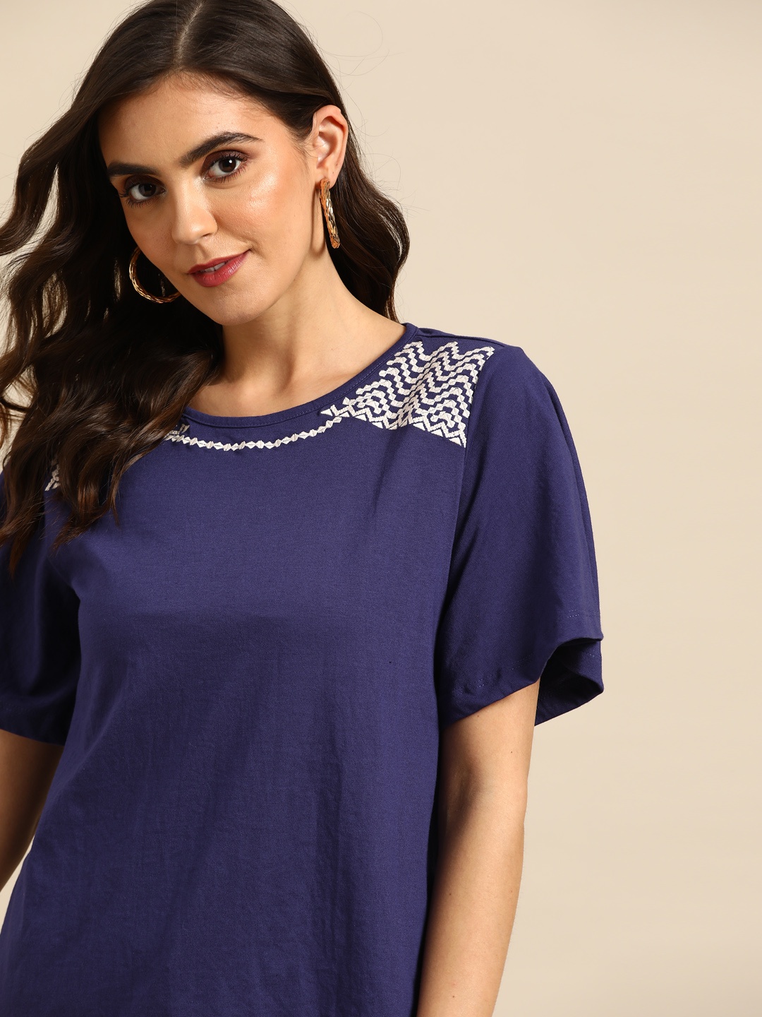 

all about you Women Navy Blue Geometric Embroidered Top