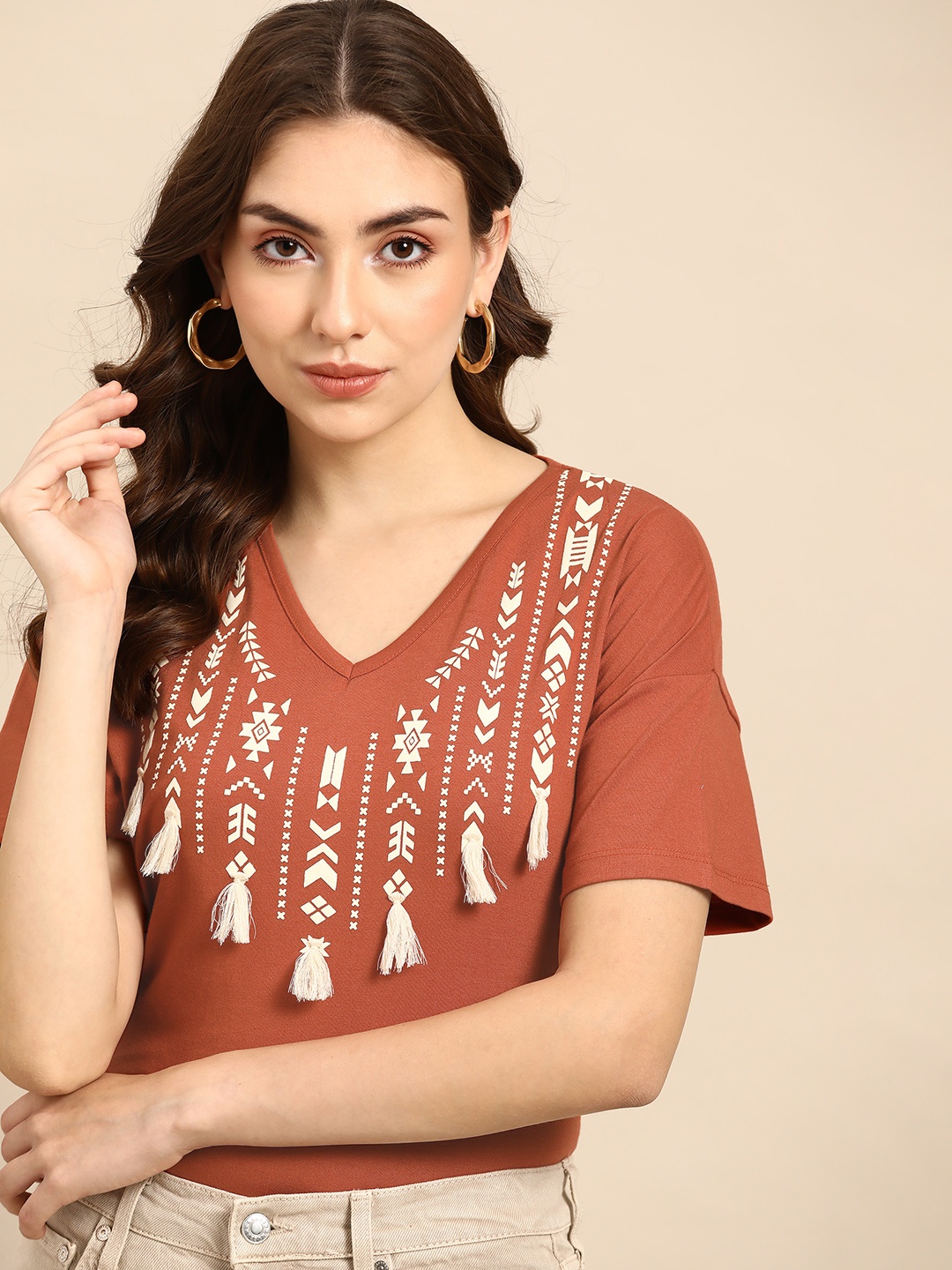 

all about you Rust Orange & Off White Geometric Printed T-shirt with Tassels