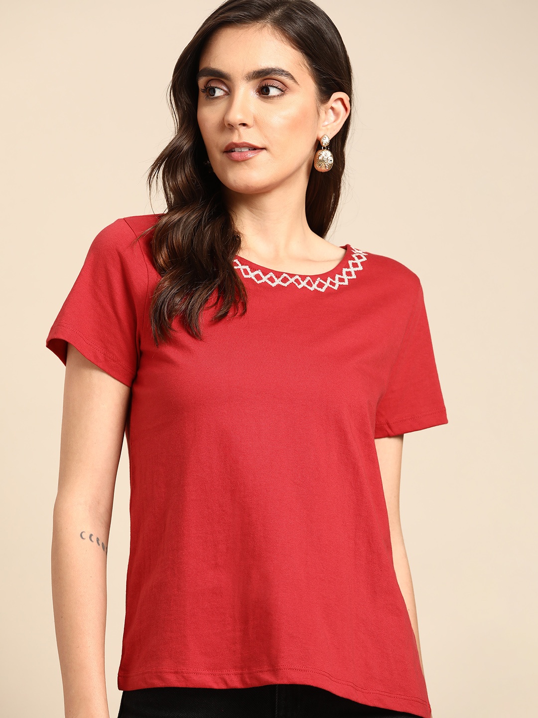 

all about you Women Red Embroidered T-shirt
