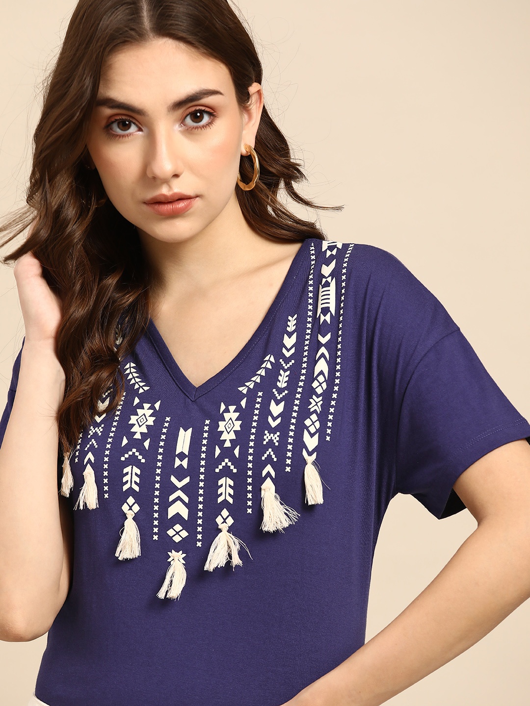 

all about you Navy Blue & White Geometric Printed T-shirt with Tassels