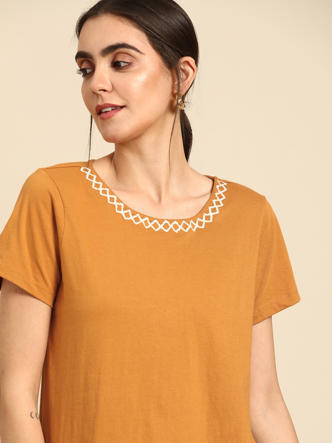 

all about you Women Mustard Yellow Embroidered T-shirt