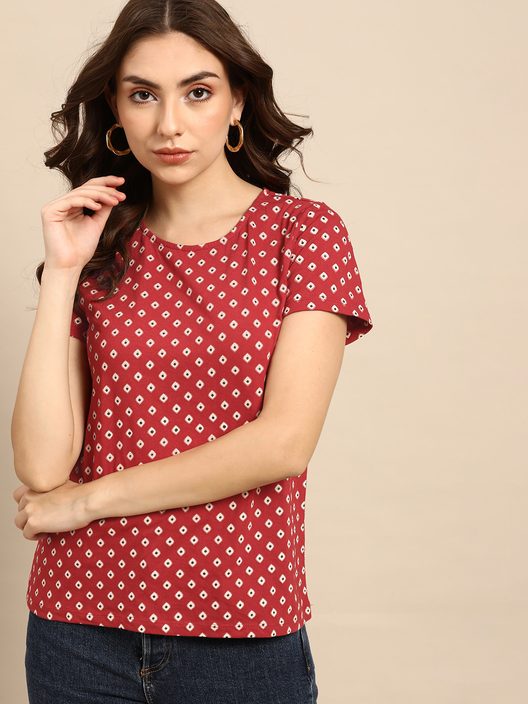 

all about you Women Red & Off White Printed T-shirt