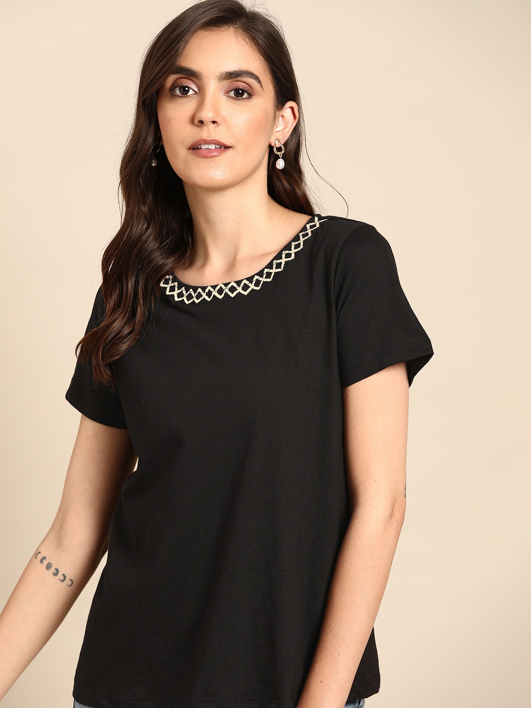 

all about you Women Black Embroidered T-shirt