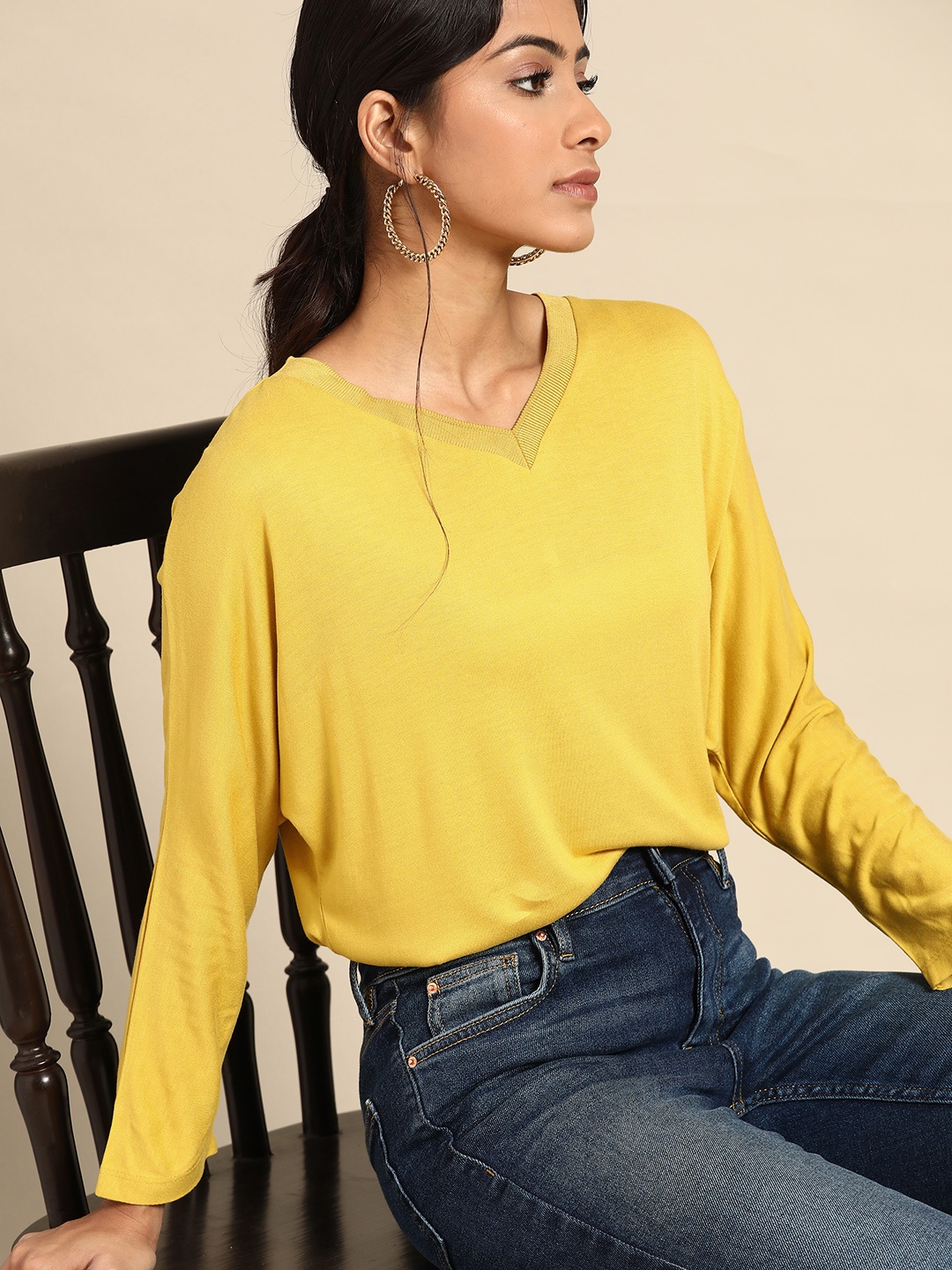 

all about you Women Mustard Yellow Solid V-Neck Batwing Sleeves T-shirt