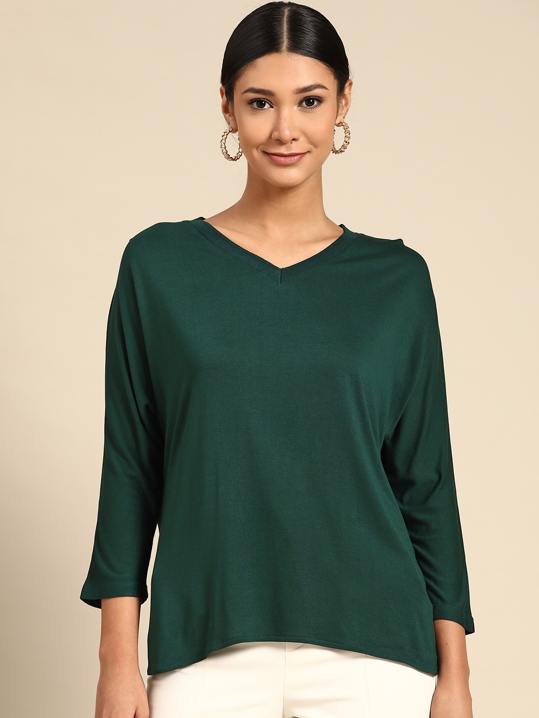 

all about you Women Green Solid V-Neck T-shirt