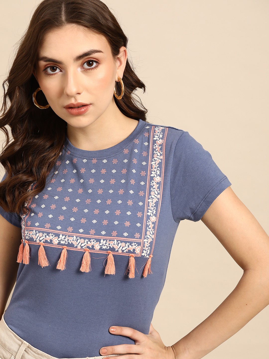 

all about you Women Blue & Peach-Coloured Printed T-shirt with Tassels