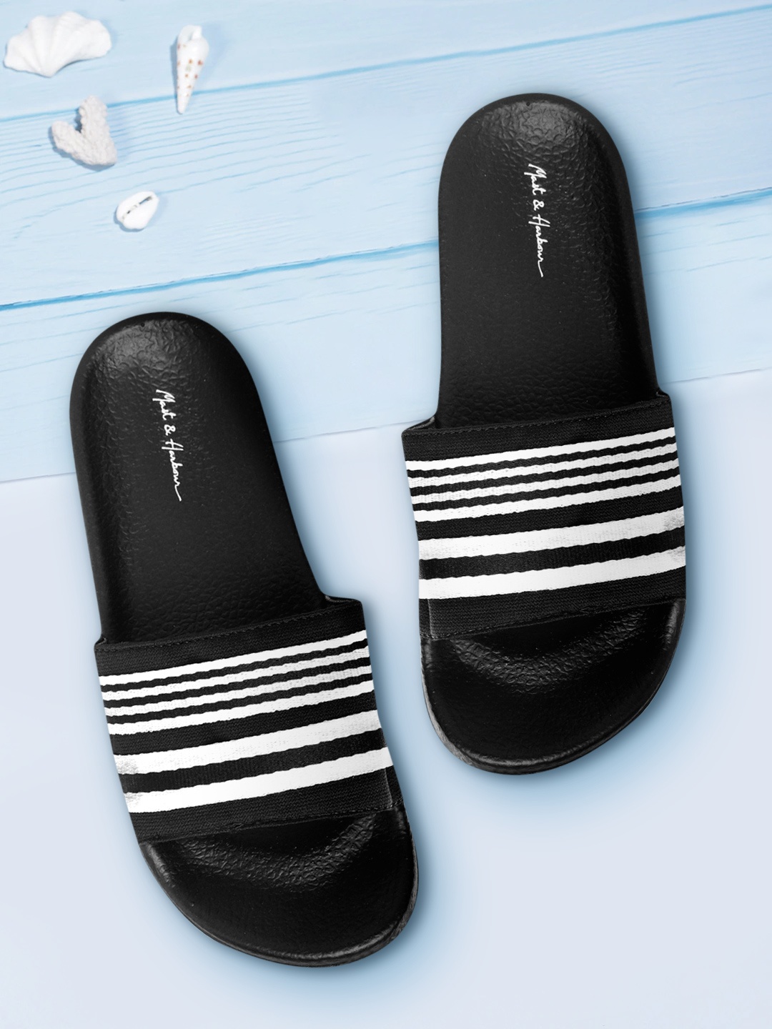 

Mast & Harbour Women Black & White Striped Sliders