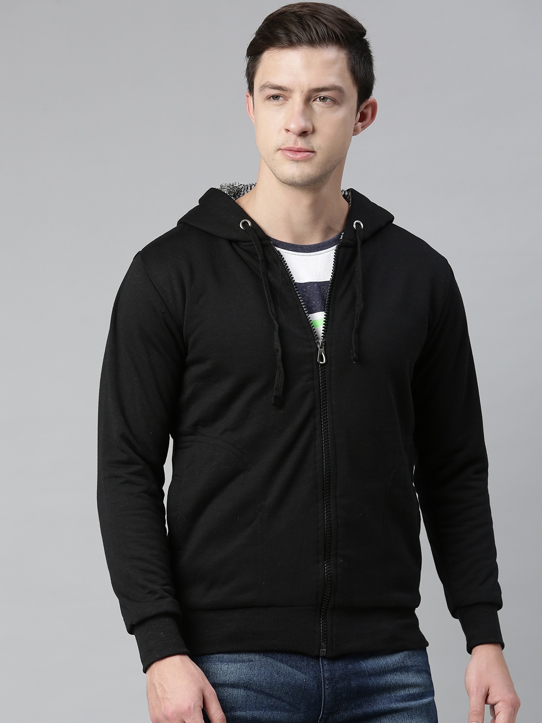 

ADBUCKS Men Black Solid Hooded Sweatshirt With Faux Fur Lined