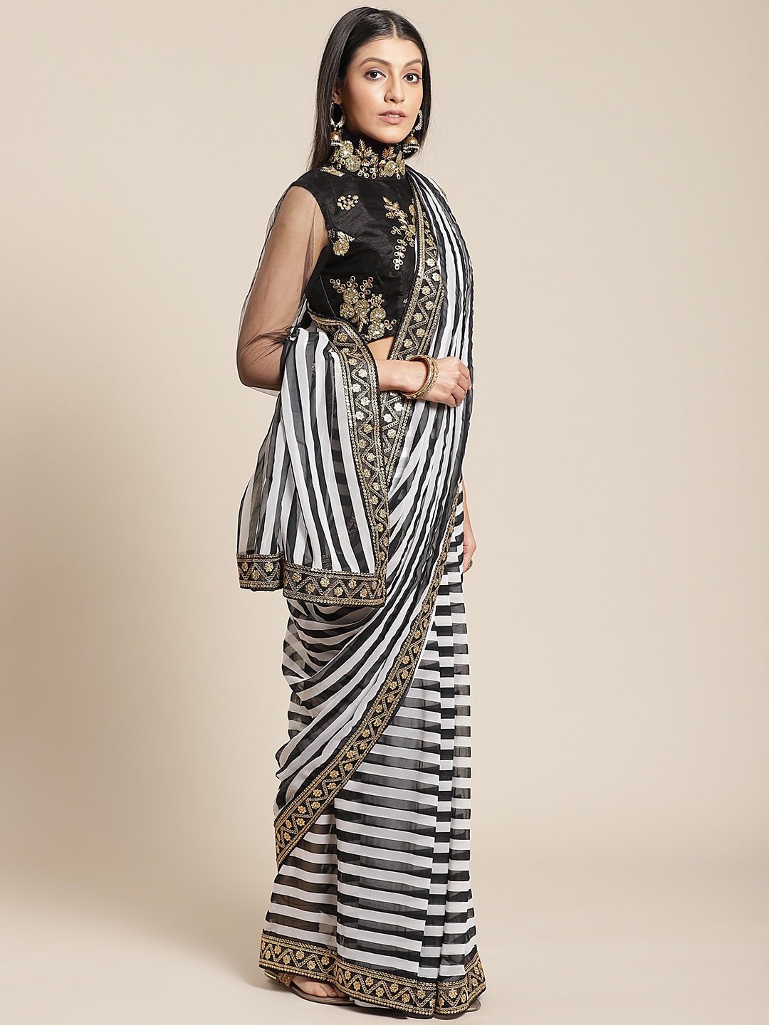 

Chhabra 555 Black & White Striped Saree